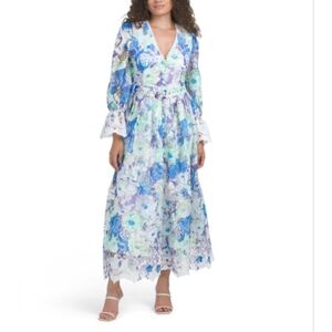 Dalia Macphee Long Sleeve Floral Lace Maxi Dress In Blue Green Womens Large NWT